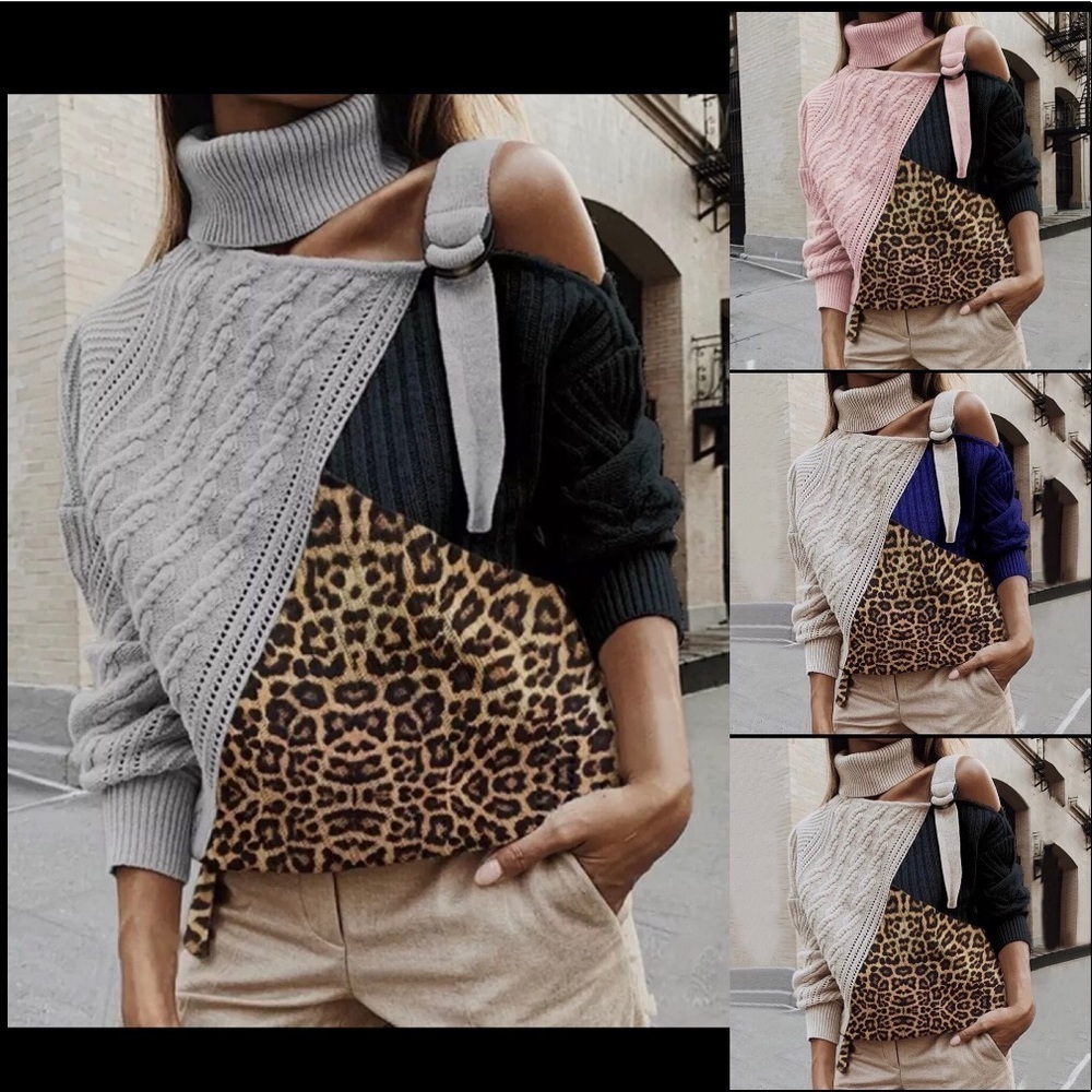 NWOT Leopard Print Buckle Turtleneck Sweater Womens Multi Color Cutout Pullover